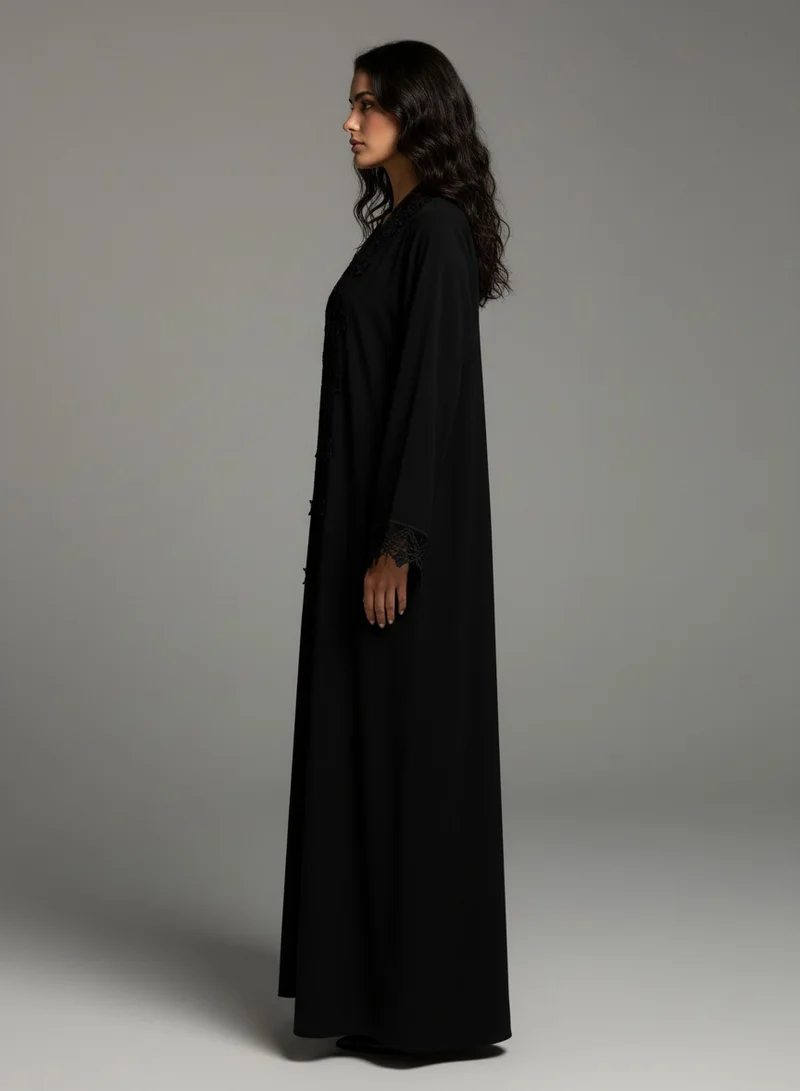 MSquare Fashion Black Abaya with Star Lace - Soft  Fabric Modest Kimonoh With Matching Headscarf